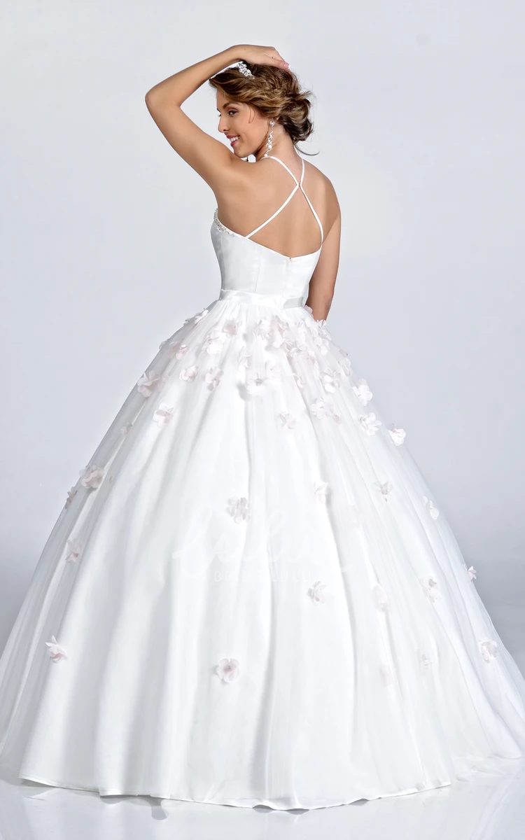 Satin Ball Gown with Petals Sweetheart Spaghetti Straps