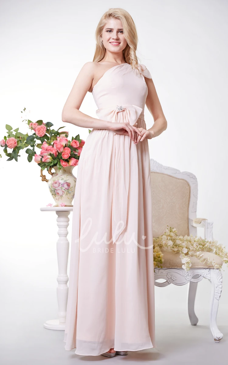One Shoulder Greek Style Chiffon Dress with Bows and Long Flowing Skirt
