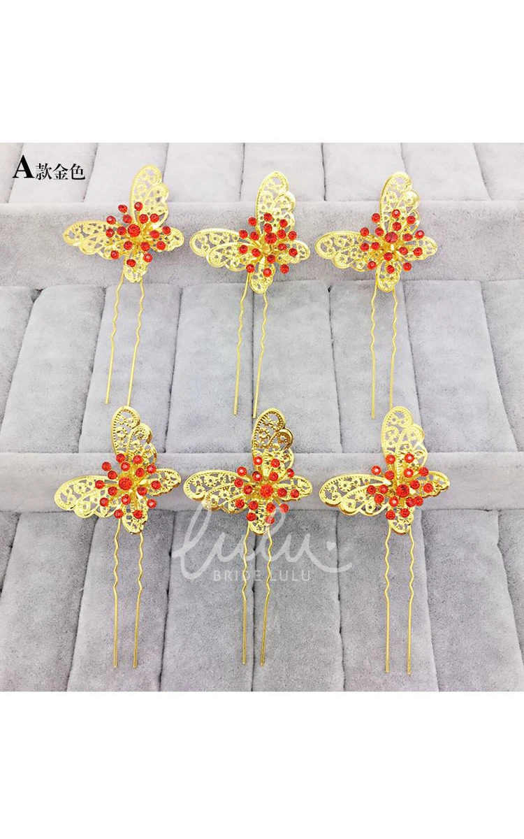 Chinese Cheongsam Wedding Hair Accessories Set with Red Hairpin U-Shaped Clip and Plate