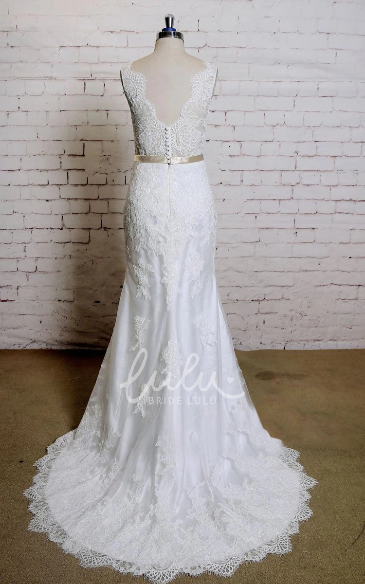 Lace Mermaid Wedding Dress with V-Neck and Satin Sash Elegant Bridal Gown