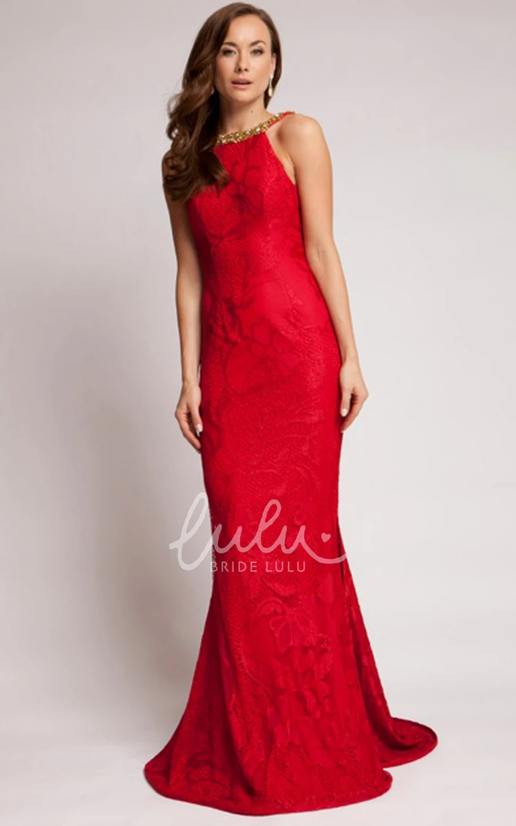 Beaded Sleeveless Lace Prom Dress with Backless Style Sheath Floor-Length