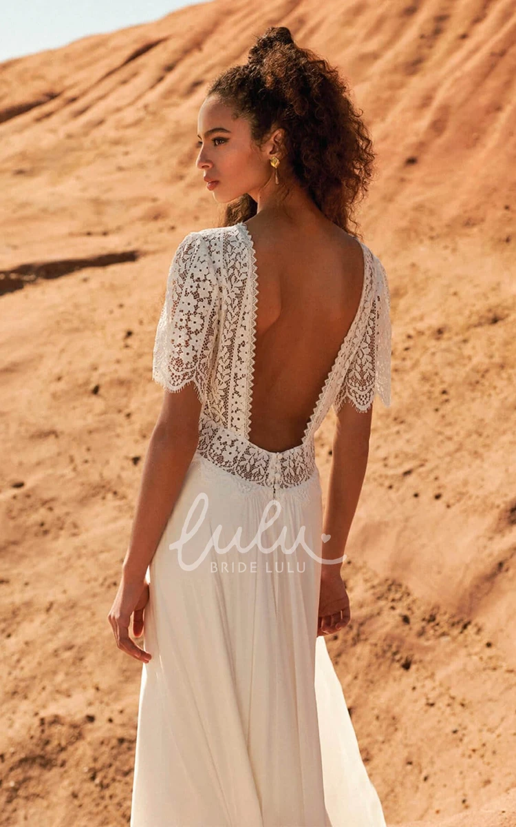 Vintage Modest Boho Lace Wedding Dress Rustic Country Beach Low Back V-Neck Bridal Gown with Sweep Train