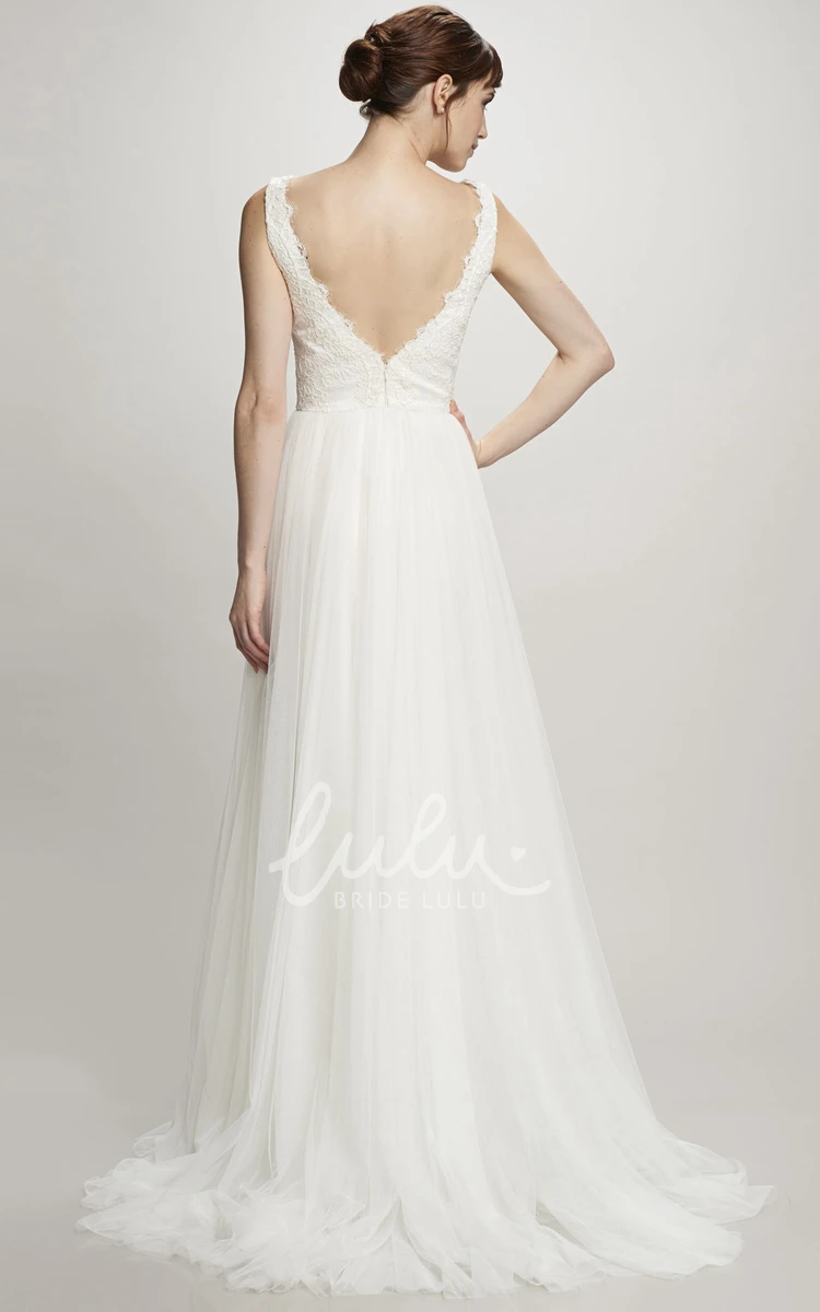 A-Line Tulle&Lace Deep-V Back Wedding Dress Sleeveless Brush Train