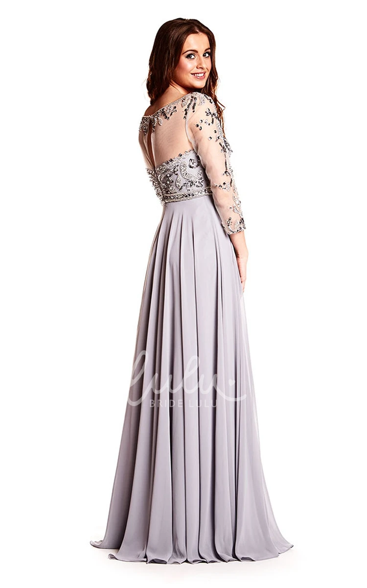 Scoop Neck Beaded Chiffon Prom Dress with Illusion Back Long Sleeves Maxi Length