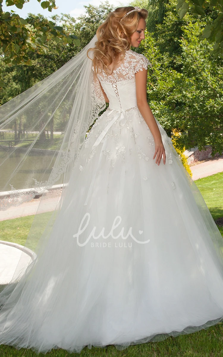 Jeweled Tulle A-Line Wedding Dress with Ruching and Cape Elegant Bridal Gown