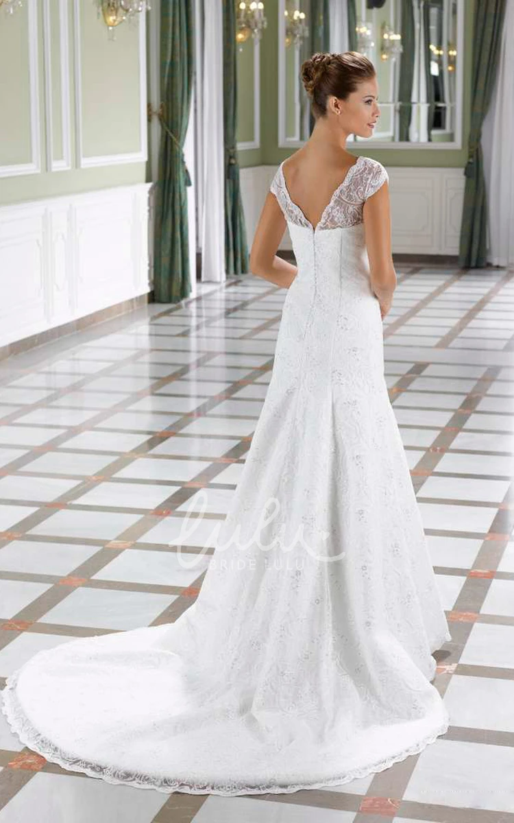 Jeweled V-Neck Lace Wedding Dress with Cap Sleeves and Court Train A-Line