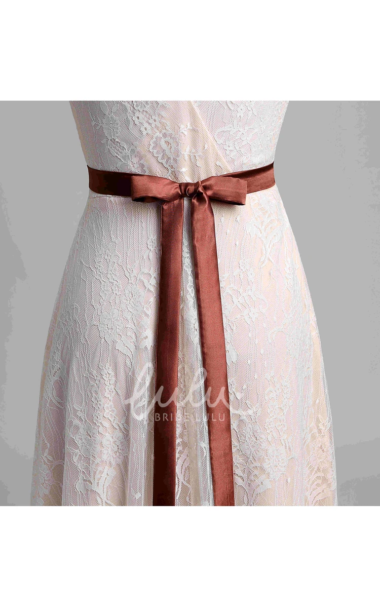 Lace A-Line Beach Wedding Dress with Sash Ribbon and Beading