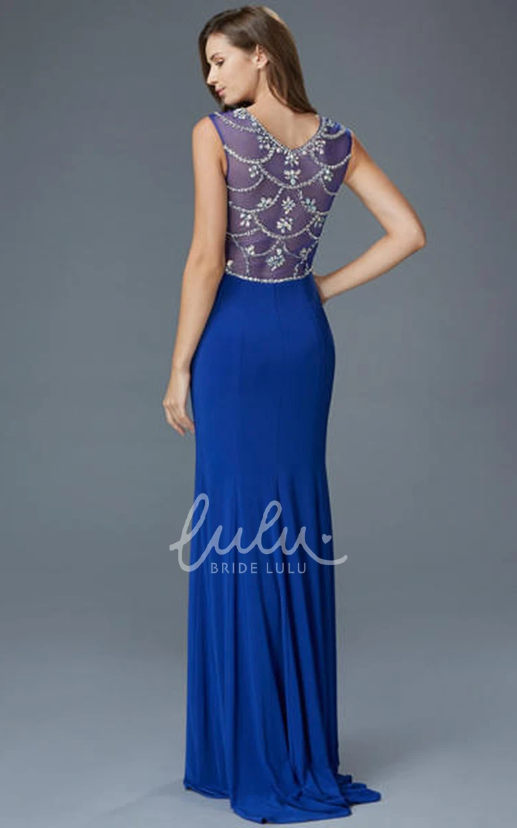 Sleeveless Sheath Jersey Illusion Dress with Beading Split Front and Scoop-Neck Bridesmaid Dress