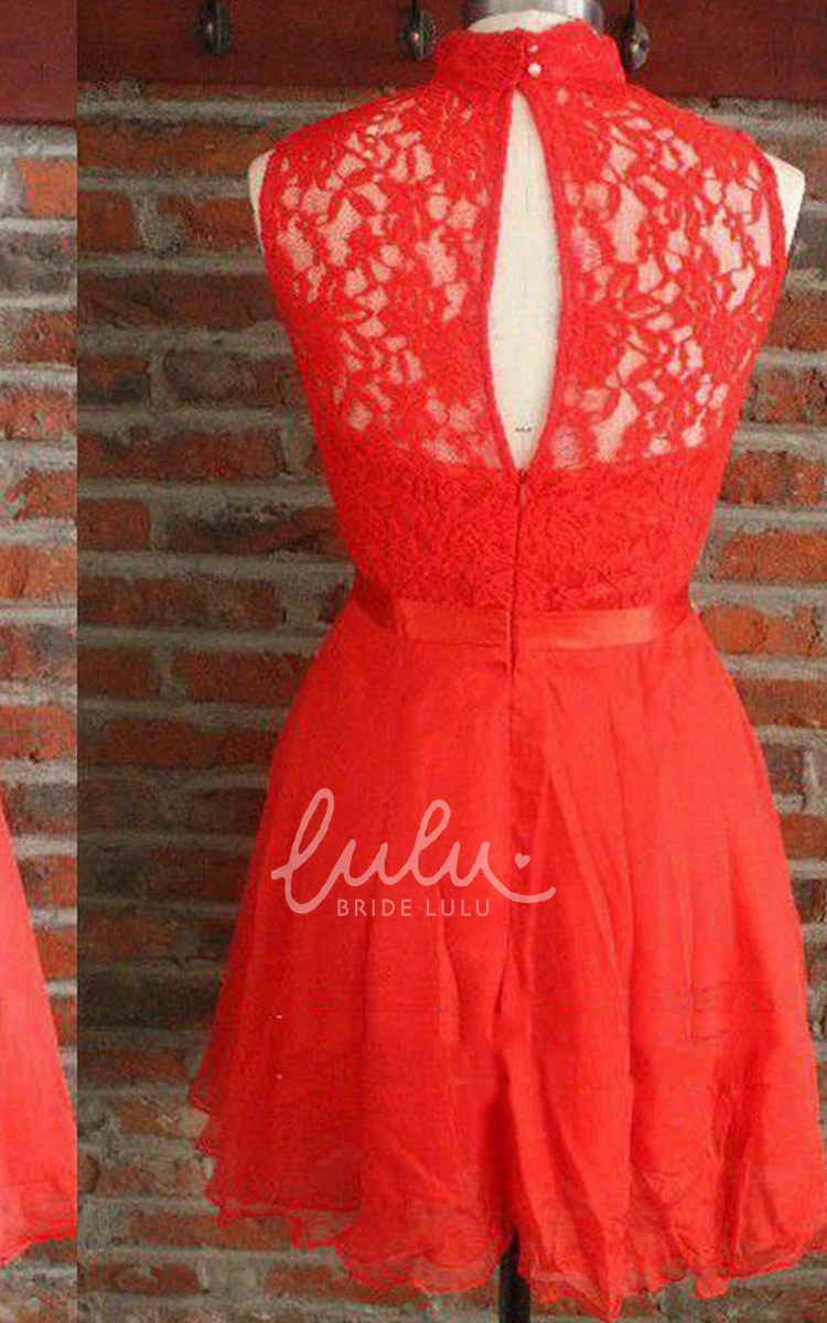 High Neck Chiffon & Lace Dress Short & Chic