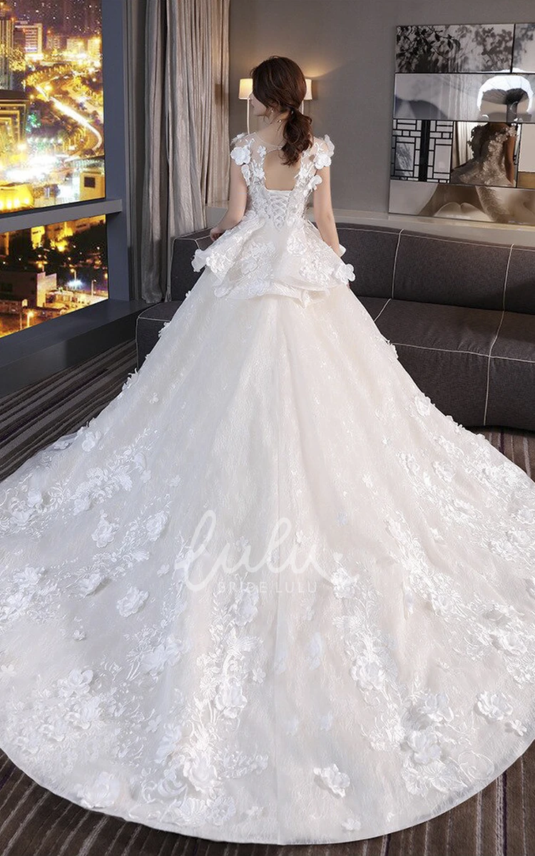 Princess Cap Sleeve Lace Wedding Dress with 3D Floral Appliques and Peplum Skirt