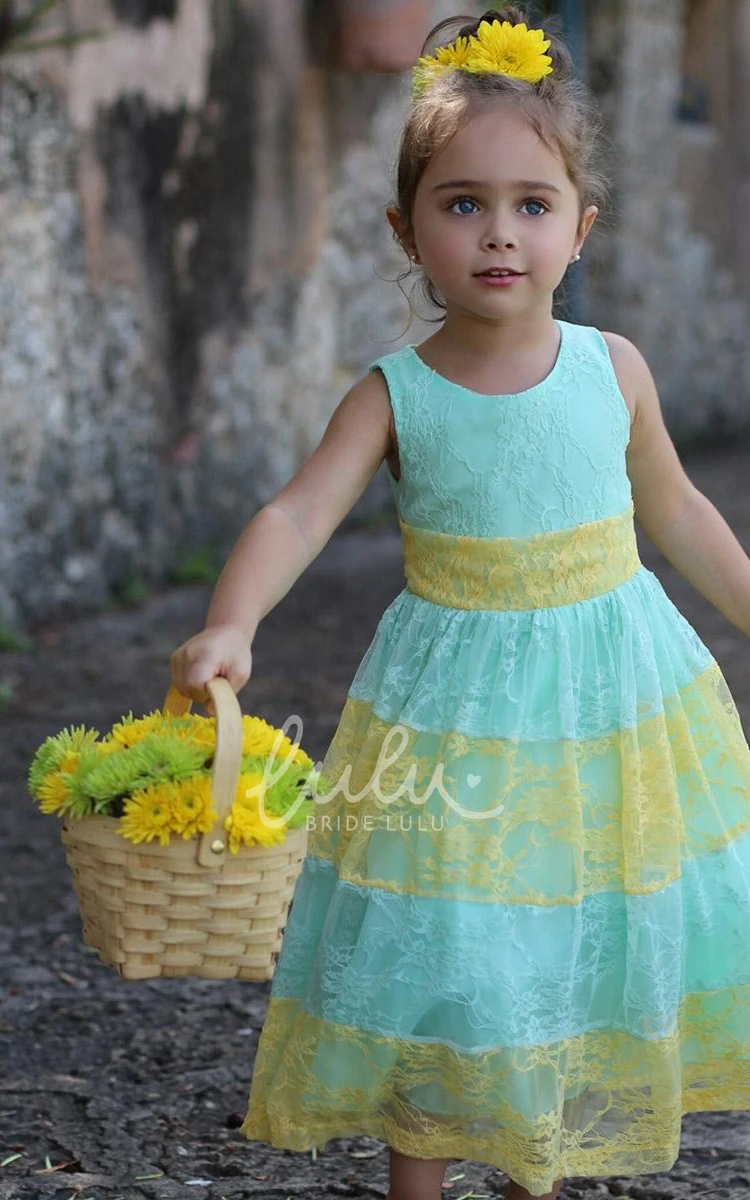 Lace Tea-Length Floral Flower Girl Dress with Tiered Skirt