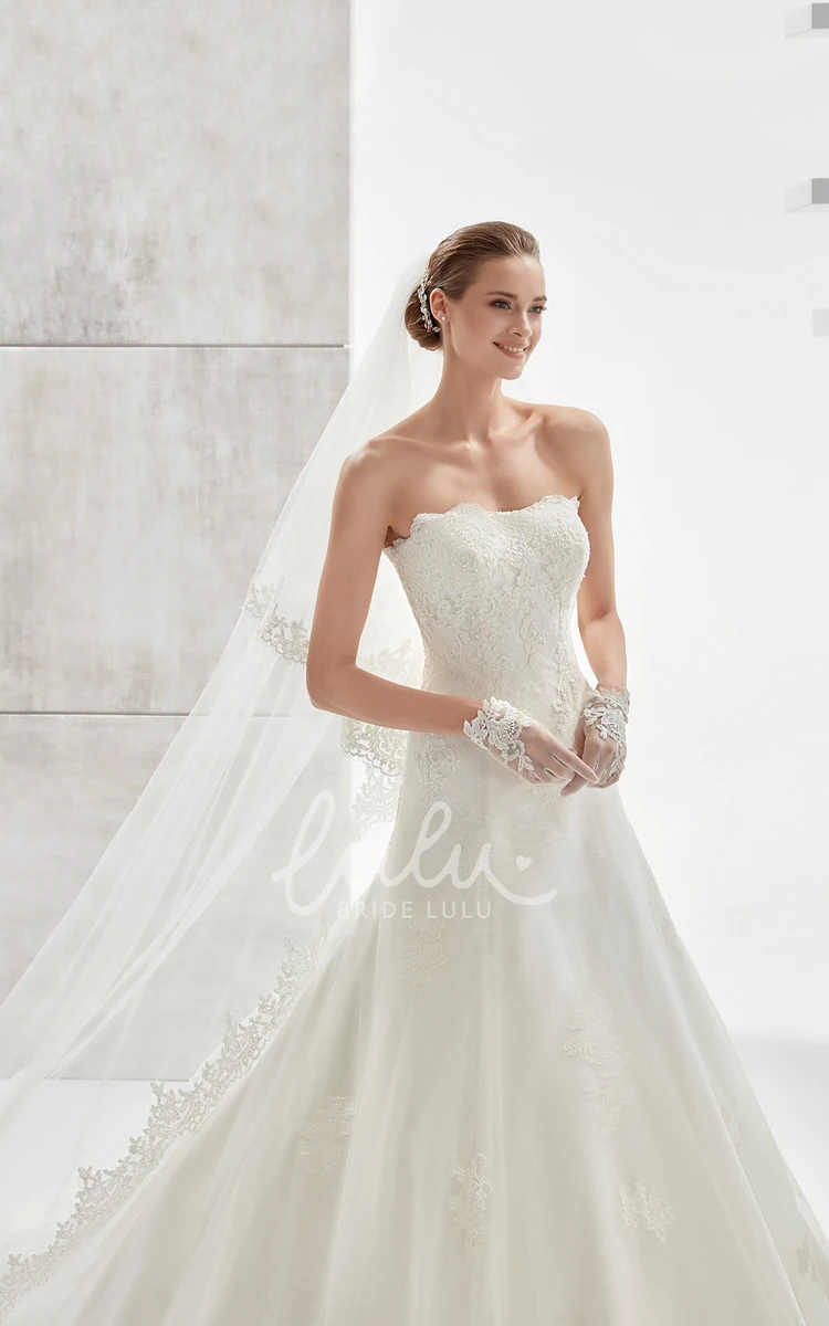 Strapless Wedding Dress with Lace Appliques and Brush Train Simple Bridal Gown