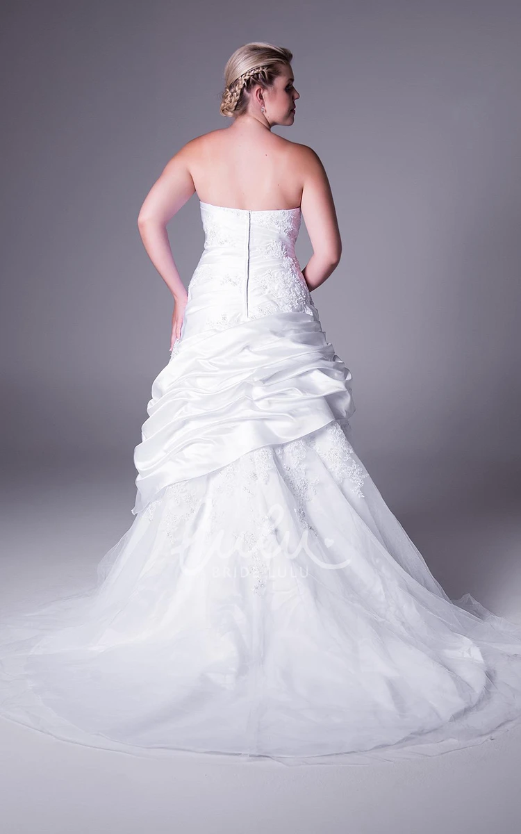 Plus Size Satin Wedding Dress with Pick Up and Appliques Strapless A-Line