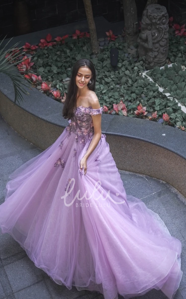 Ball Gown Tulle A-Line Prom Dress with Appliques Romantic Bridesmaid Dress
