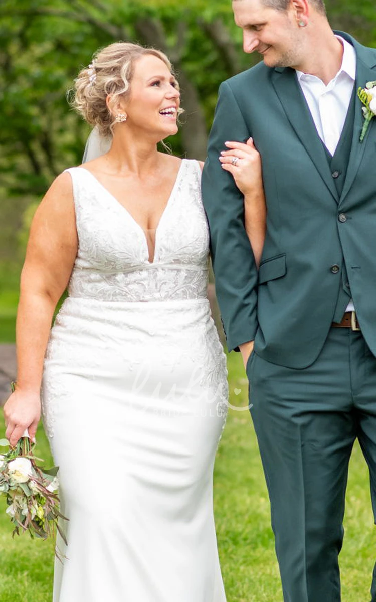 Sheath V-neck Plus Size Romantic Lace Sweep Train Elegant Open Back White Wedding Dress