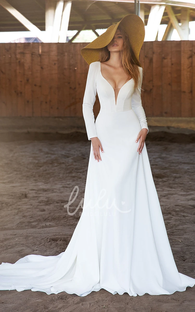 Satin A-line Wedding Dress with Plunging Neckline and Brush Train Ethereal Wedding Dress