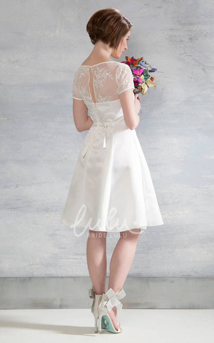 V-Neck Satin Cap-Sleeve Wedding Dress with Appliques and Illusion Classy Bridal Gown