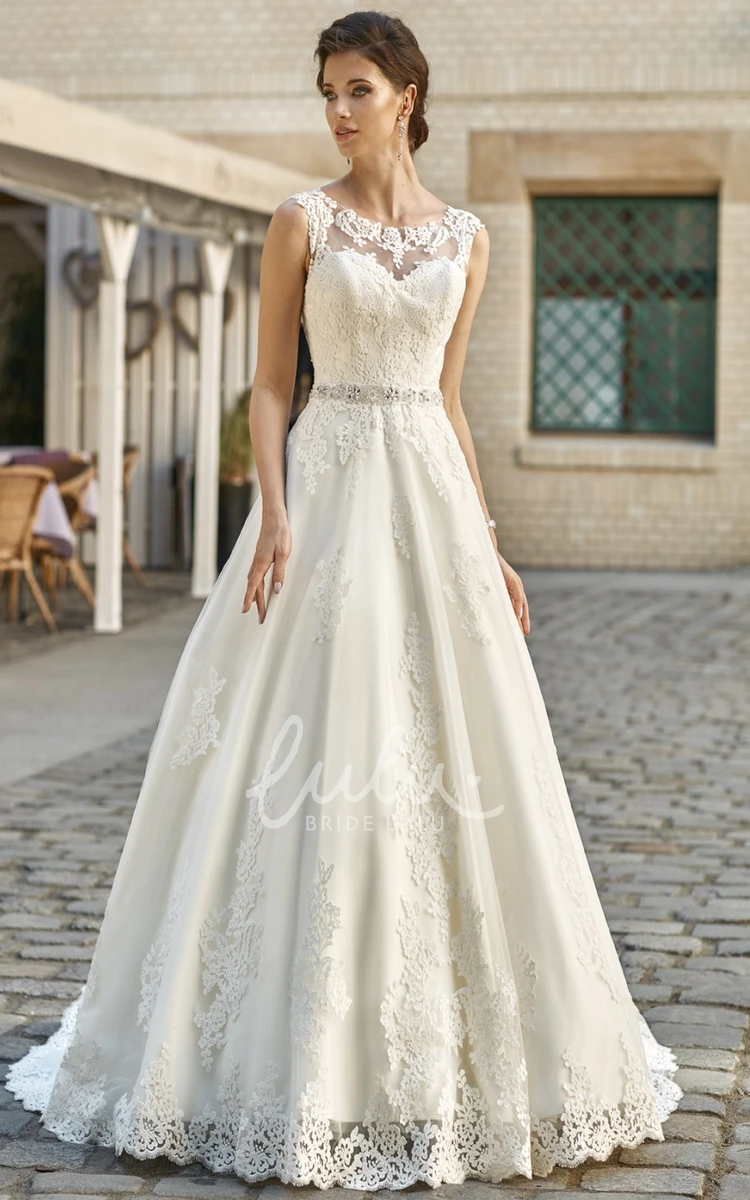 Scoop-Neck A-Line Lace&Satin Wedding Dress Floor-Length Sleeveless with Waist Jewellery