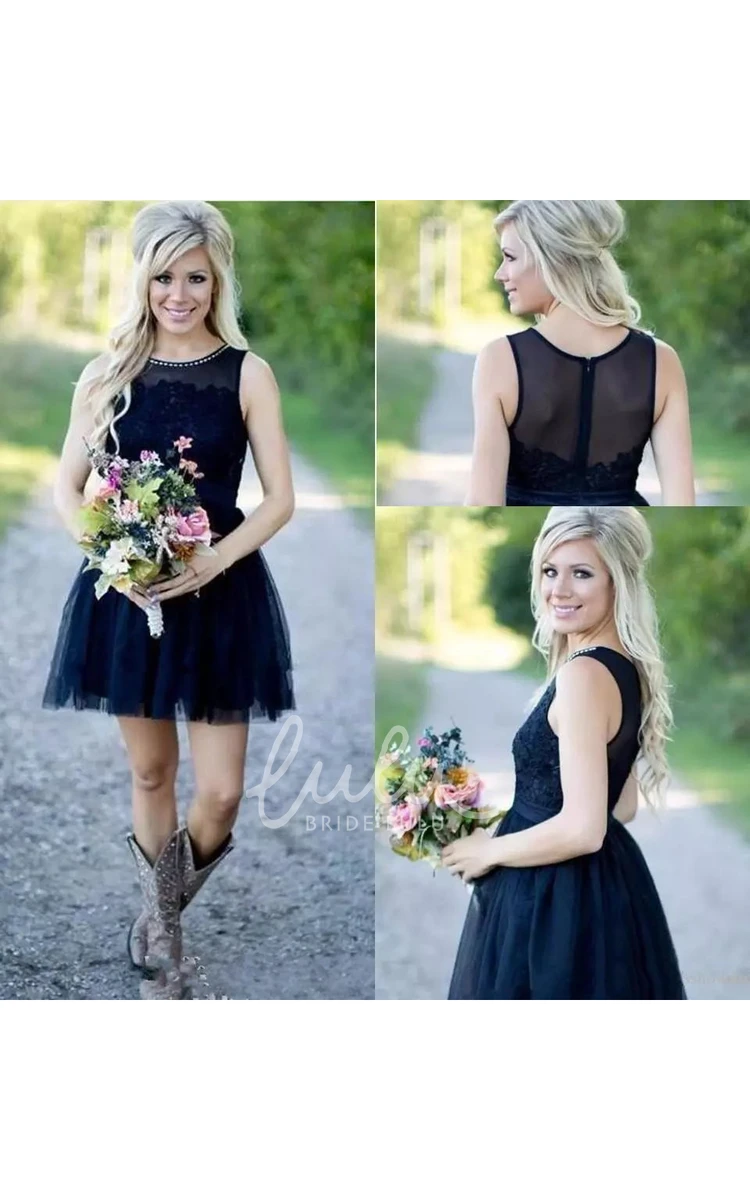 A-Line Lace Tulle Sleeveless Bridesmaid Dress with Jewel Neckline