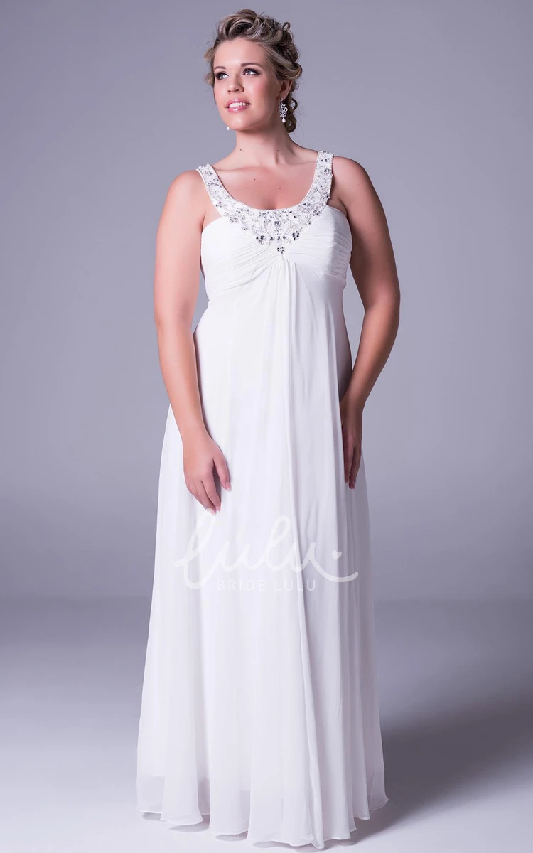 Sleeveless Chiffon Plus Size Wedding Dress with Ruched Straps and Beaded Details