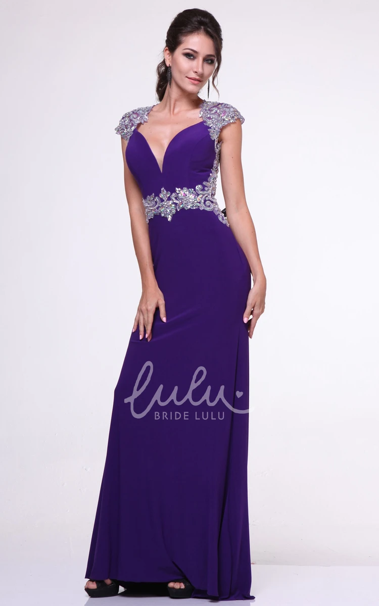 V-Neck Cap-Sleeve Beaded Sheath Bridesmaid Dress with Waist Jewelry