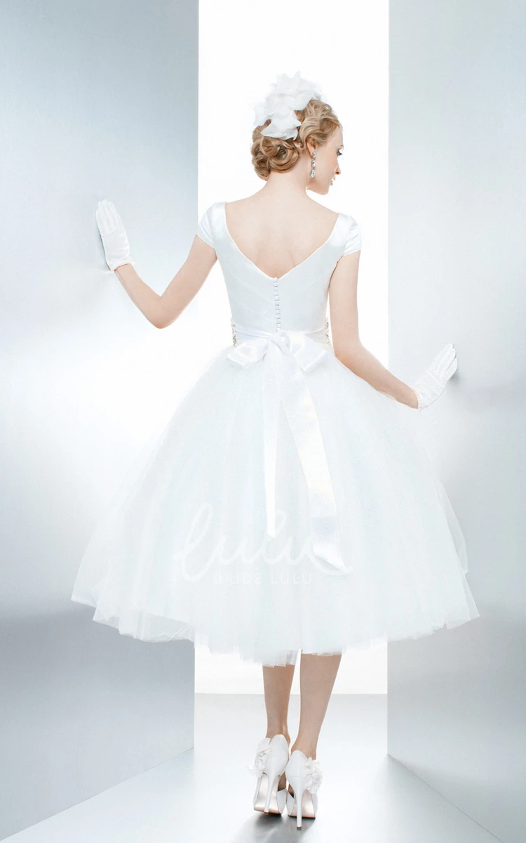 Cap Sleeve V-Neck Tulle A-Line Wedding Dress with Jeweled Bow