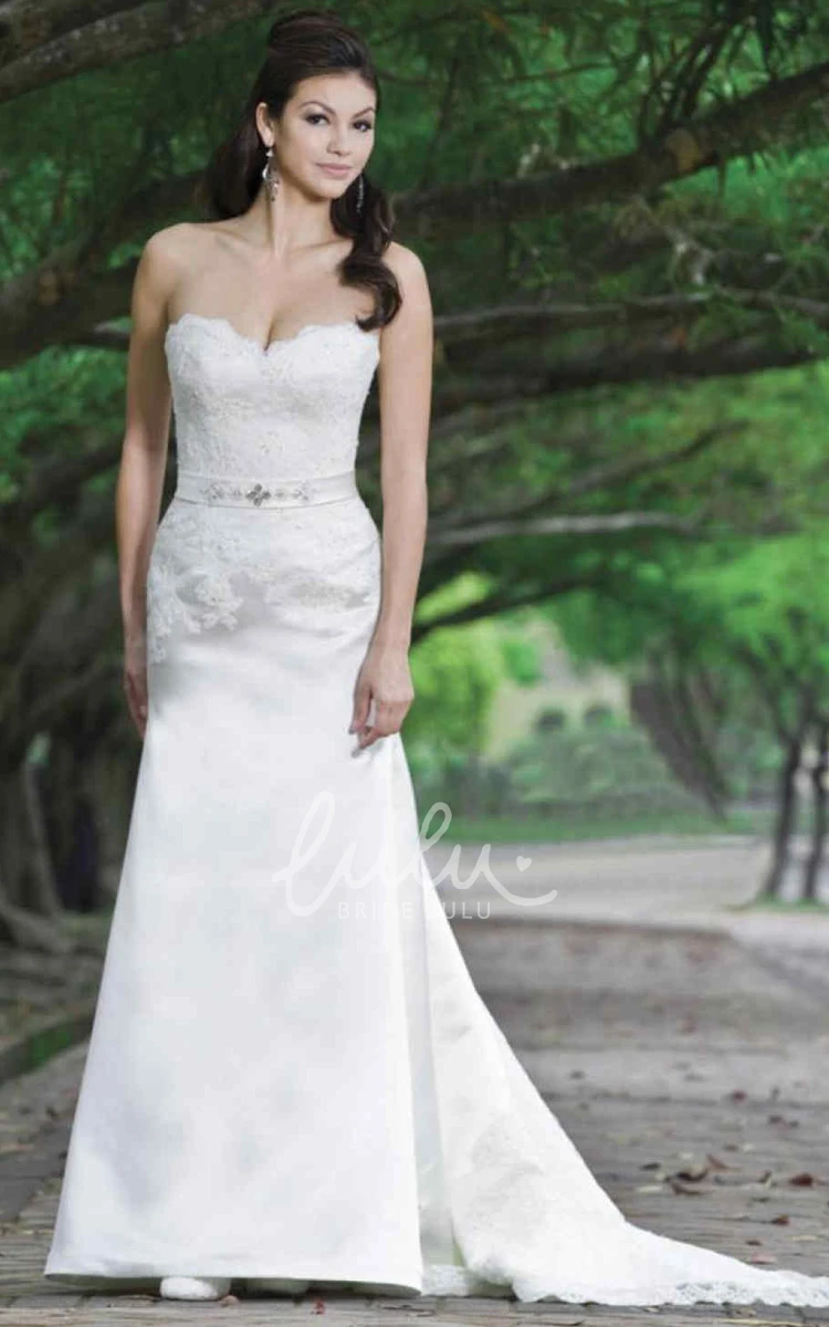 Jeweled Sweetheart Satin Wedding Dress with Lace Elegant Sheath Dress