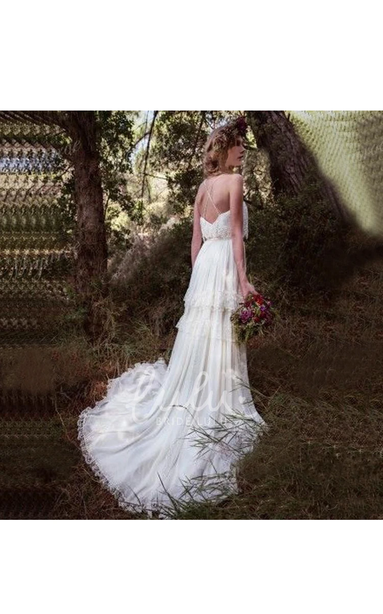 Spaghetti Straps Ethereal Destination Wedding Dress with Cross Back and Tiered Court Train