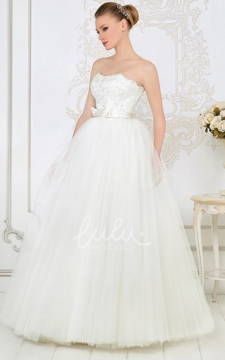 Strapless Tulle Ball Gown Wedding Dress with Appliques and Bow Floor-Length