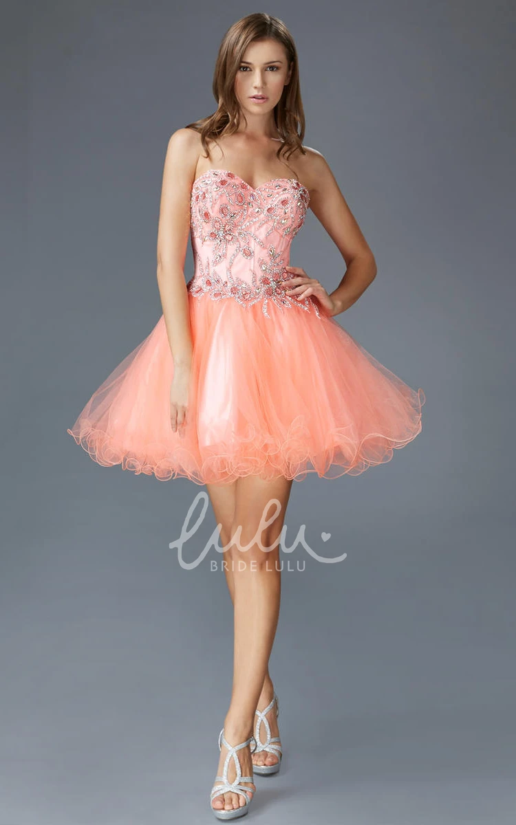 Short A-Line Sweetheart Tulle Satin Dress with Beading for Prom