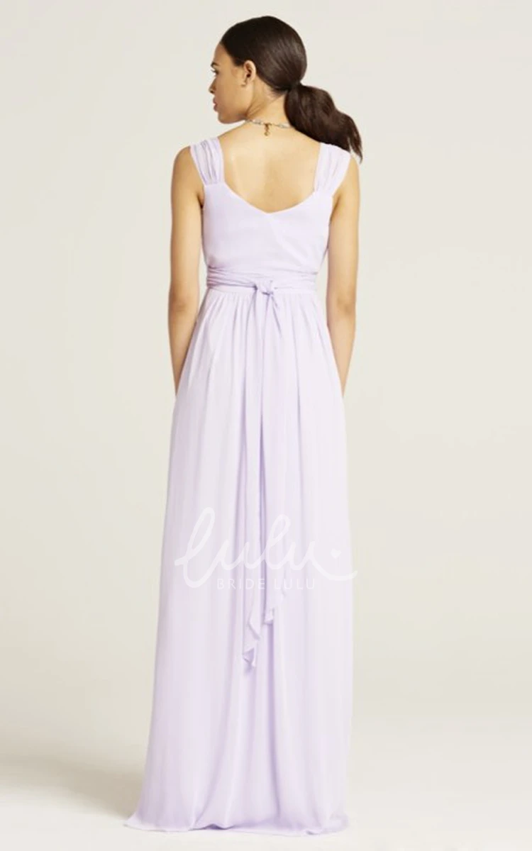 Sleeveless V-Neck Chiffon Bridesmaid Dress with Bow Maxi Length