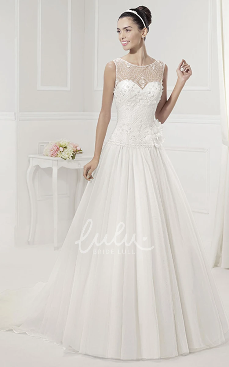 Flower Drop Waist Jewel Neckline Bridal Dress