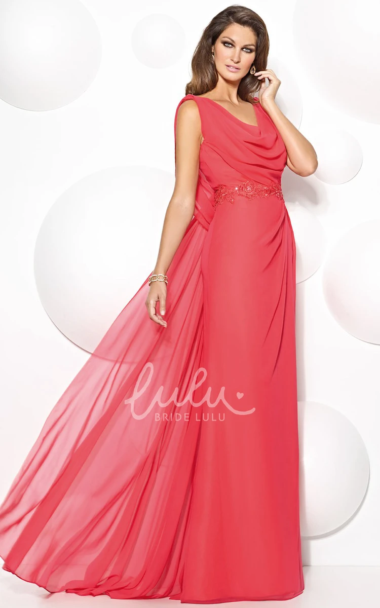 Floor-Length Chiffon Prom Dress with Appliqued Cowl-Neck A-Line Sleeveless