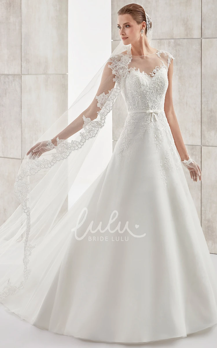 Applique Jewel-Neck Cap-Sleeve A-Line Wedding Dress with Illusive Design