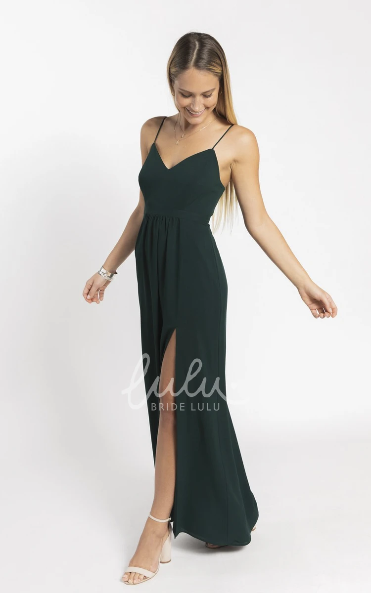 Simple Spaghetti Straps V-neck Bridesmaid Dress with Open Back Flowy Bridesmaid Party Gown