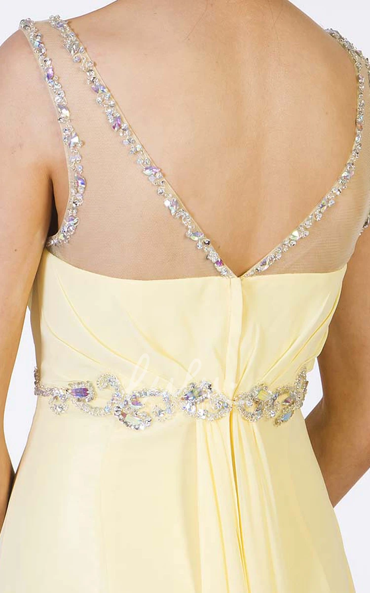 Sleeveless A-Line Chiffon Prom Dress with Beaded Scoop-Neck and Waist Jewellery Flowy Prom Dress 2024