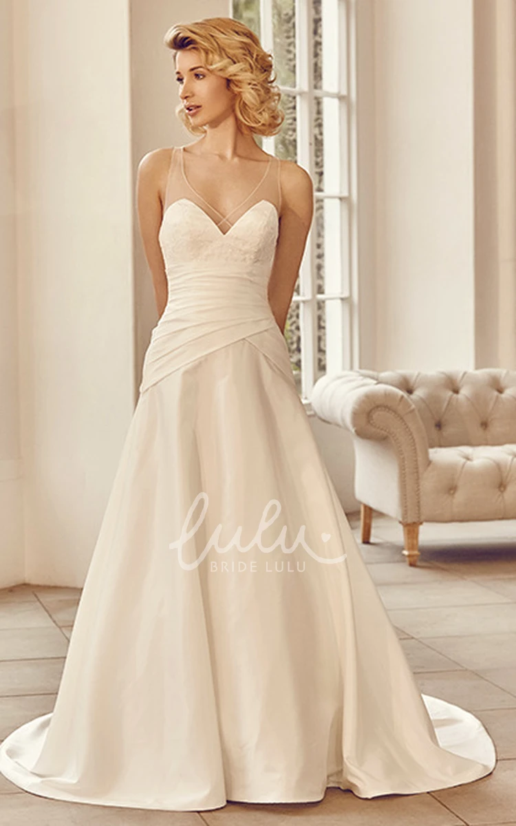 Satin Appliqued V-Neck Wedding Dress with Brush Train and Straps Timeless Bridal Gown