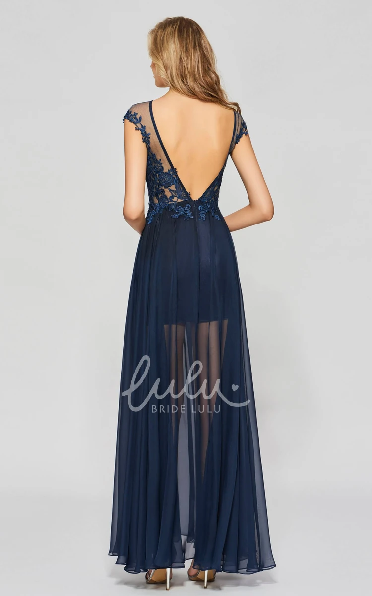 Sexy Split Front Bateau Chiffon Gown with Lace Applique A-line Deep V-back