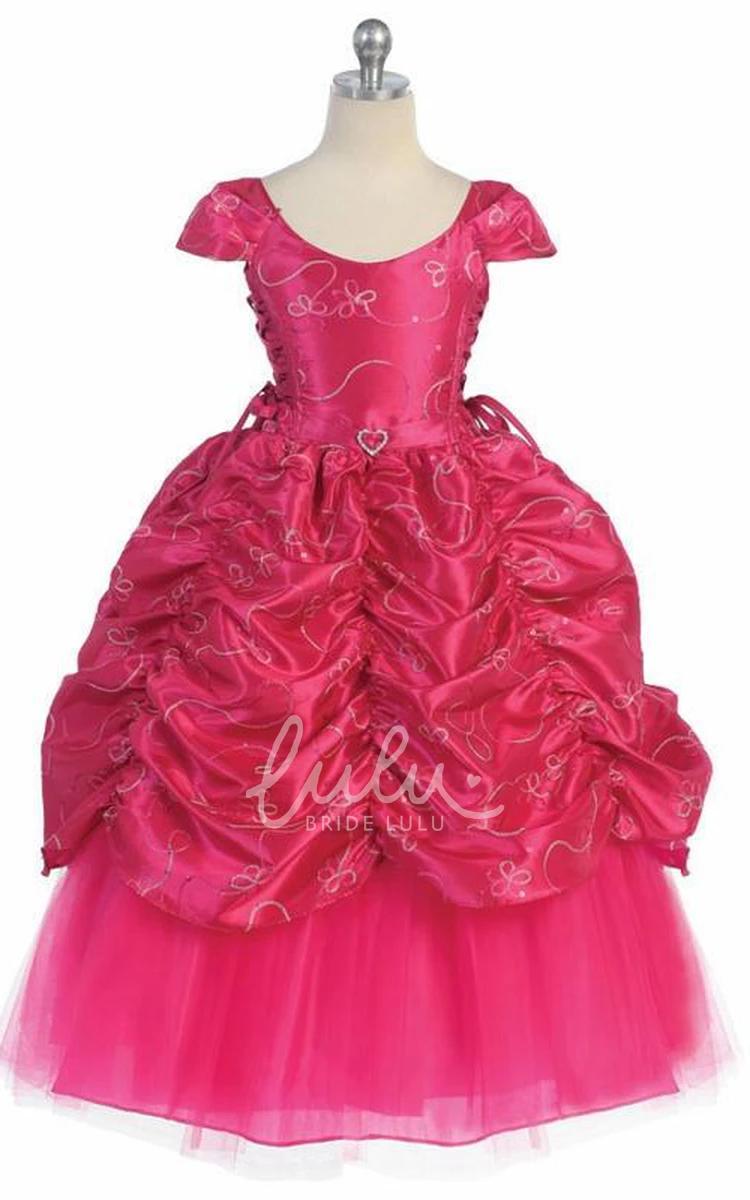 Embroidered Lace Flower Girl Dress with Brooch Ankle-Length Tiered