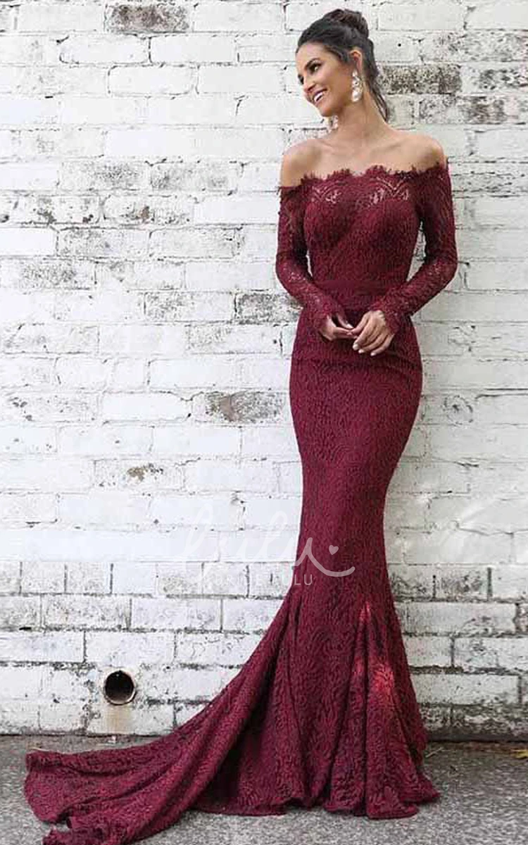Off-the-Shoulder Long Sleeve Mermaid Evening Dress with Vintage Lace Formal Dress