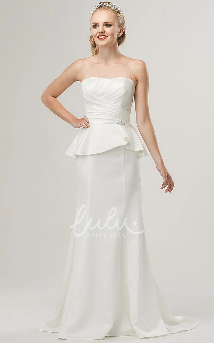 Satin Strapless Peplum Wedding Dress with Ruching Floor-Length Sheath