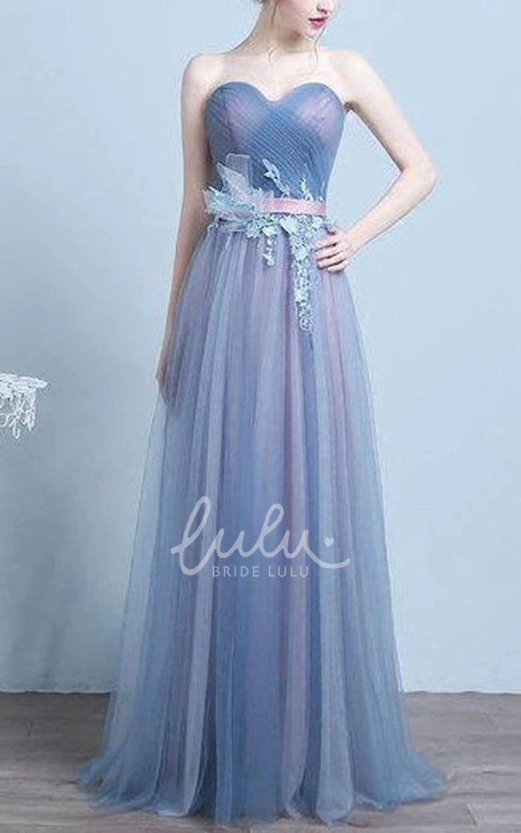 Vintage Blue Tulle Lace-up Dress with Floral Accents