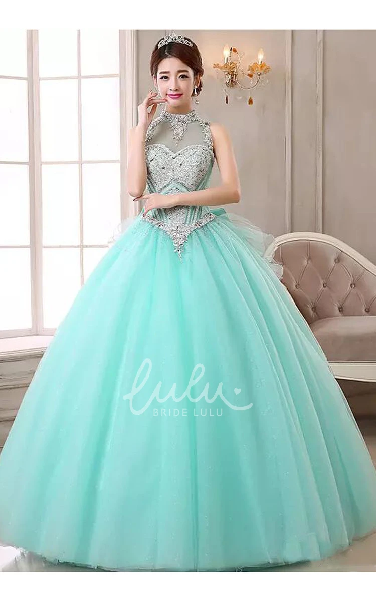 Ball Gown Organza Tulle Prom Dress with Beading and Ruffles Sleeveless and High Neck