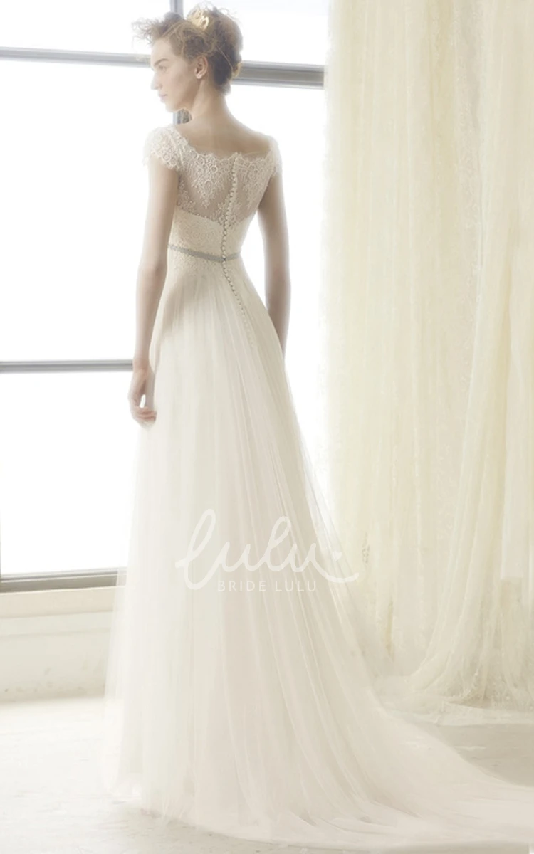 Sleeveless Lace Bateau Tulle Wedding Dress with Sweep Train Unique Wedding Dress