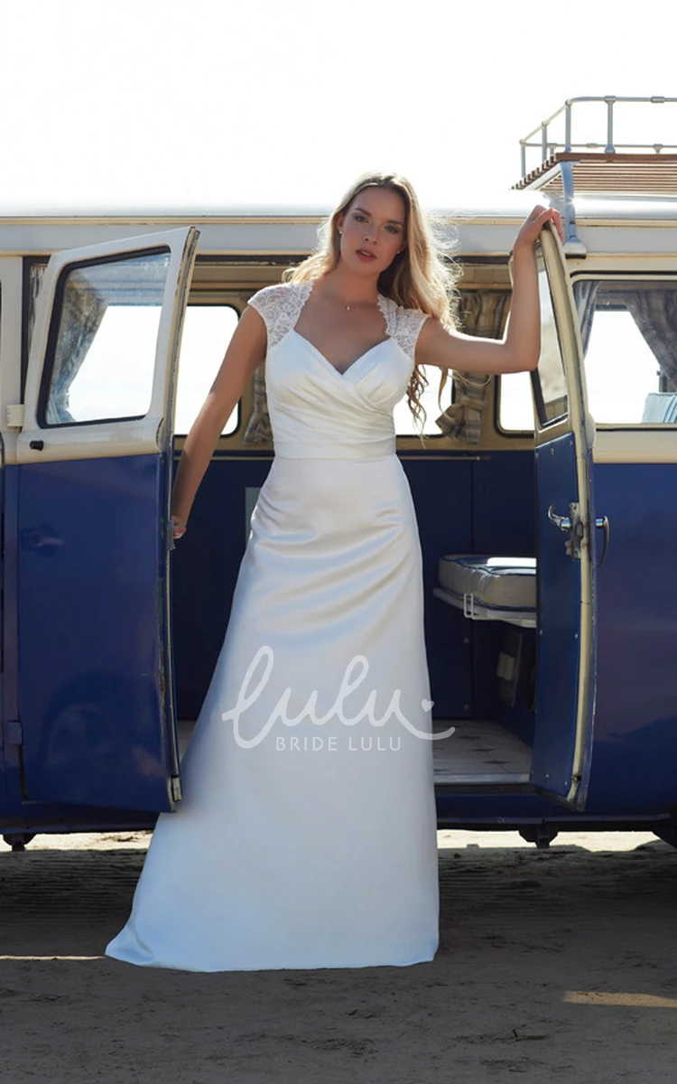 Satin Chiffon Wedding Dress with Cap-Sleeves and Sweep Train V-Neck Ruching