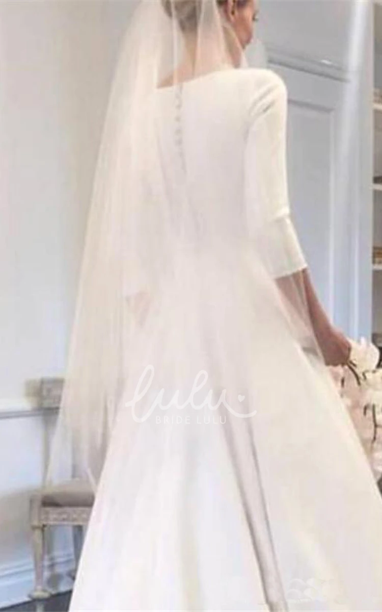 Modest A-line Bridal Gown with Ruched Detailing Satin Fabric and 3/4 Sleeves