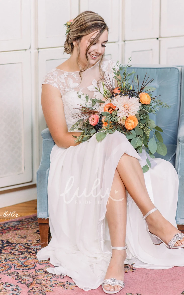 Chiffon Illusion Bateau A-Line Wedding Dress with Short Sleeves Adorable & Simple