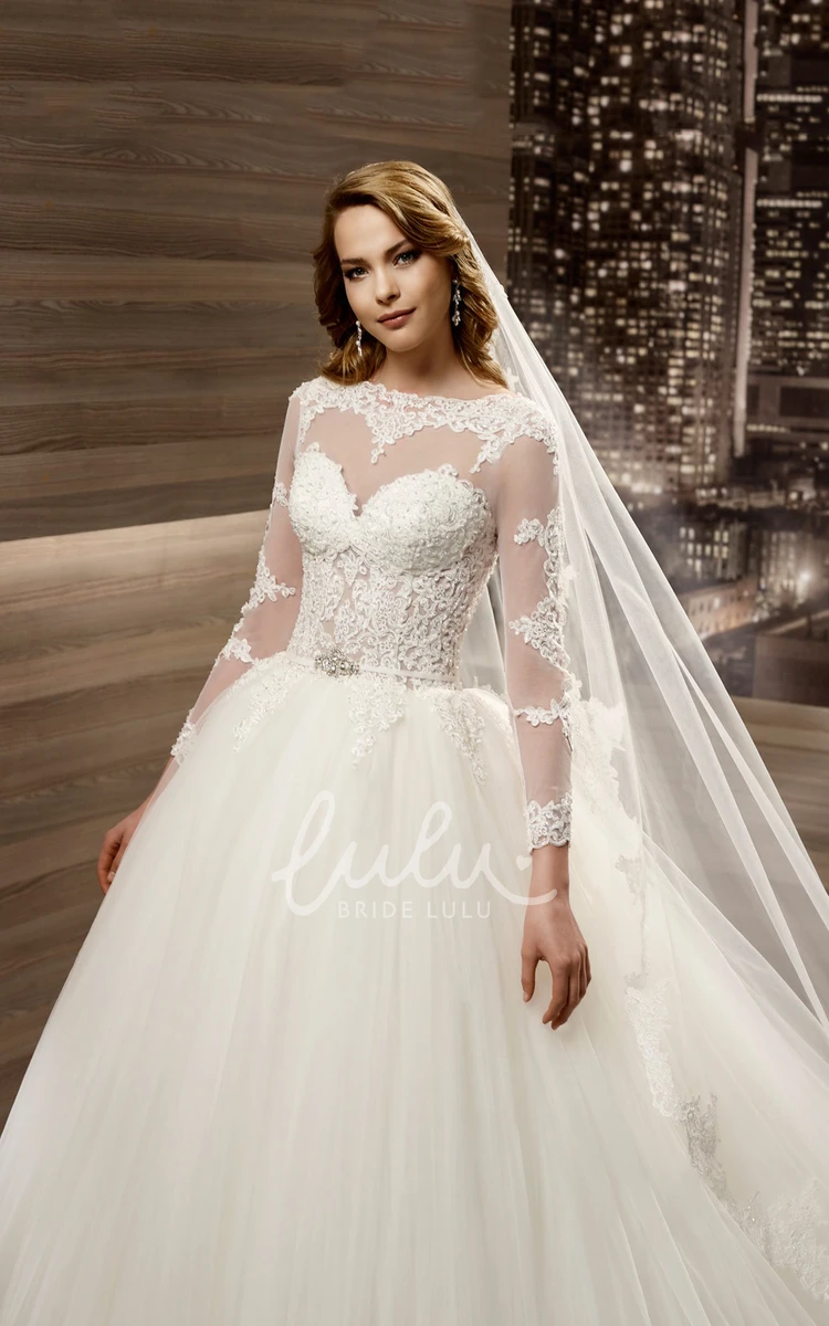 Long-Sleeve A-Line Wedding Dress with Lace Appliques Bodice and Brush Train