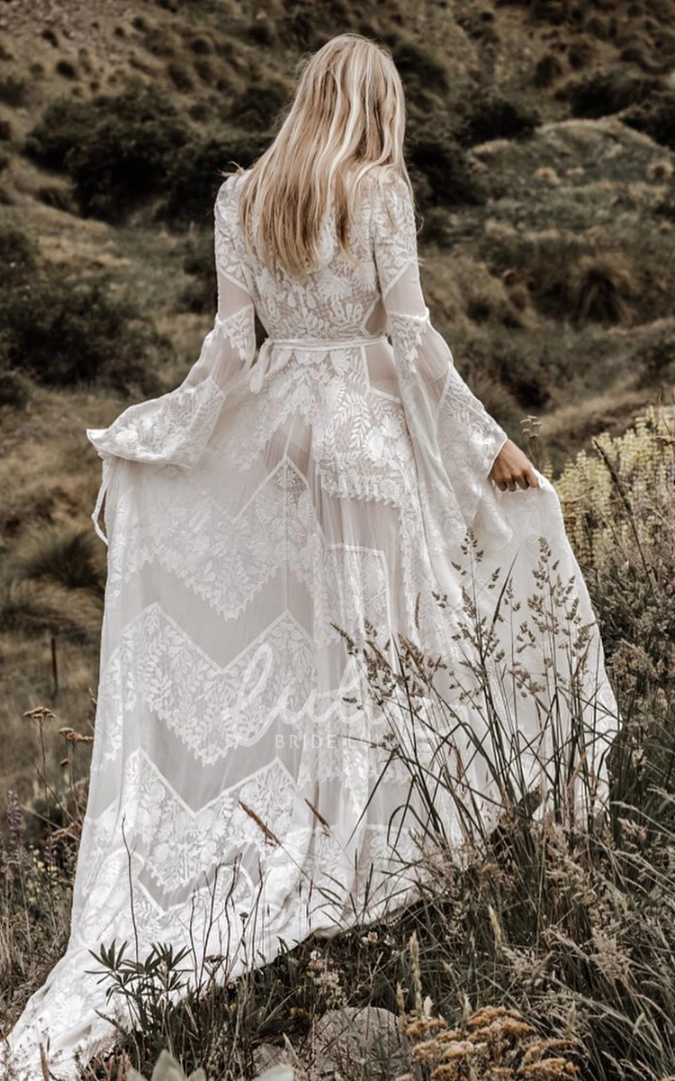 Bohemian Lace V-neck Wedding Dress Long Sleeves Country Elegant Bridal Gown