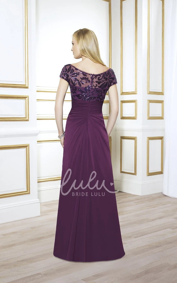 Sequined Cap-Sleeve Chiffon Formal MOB Dress with Illusion Back and Draping